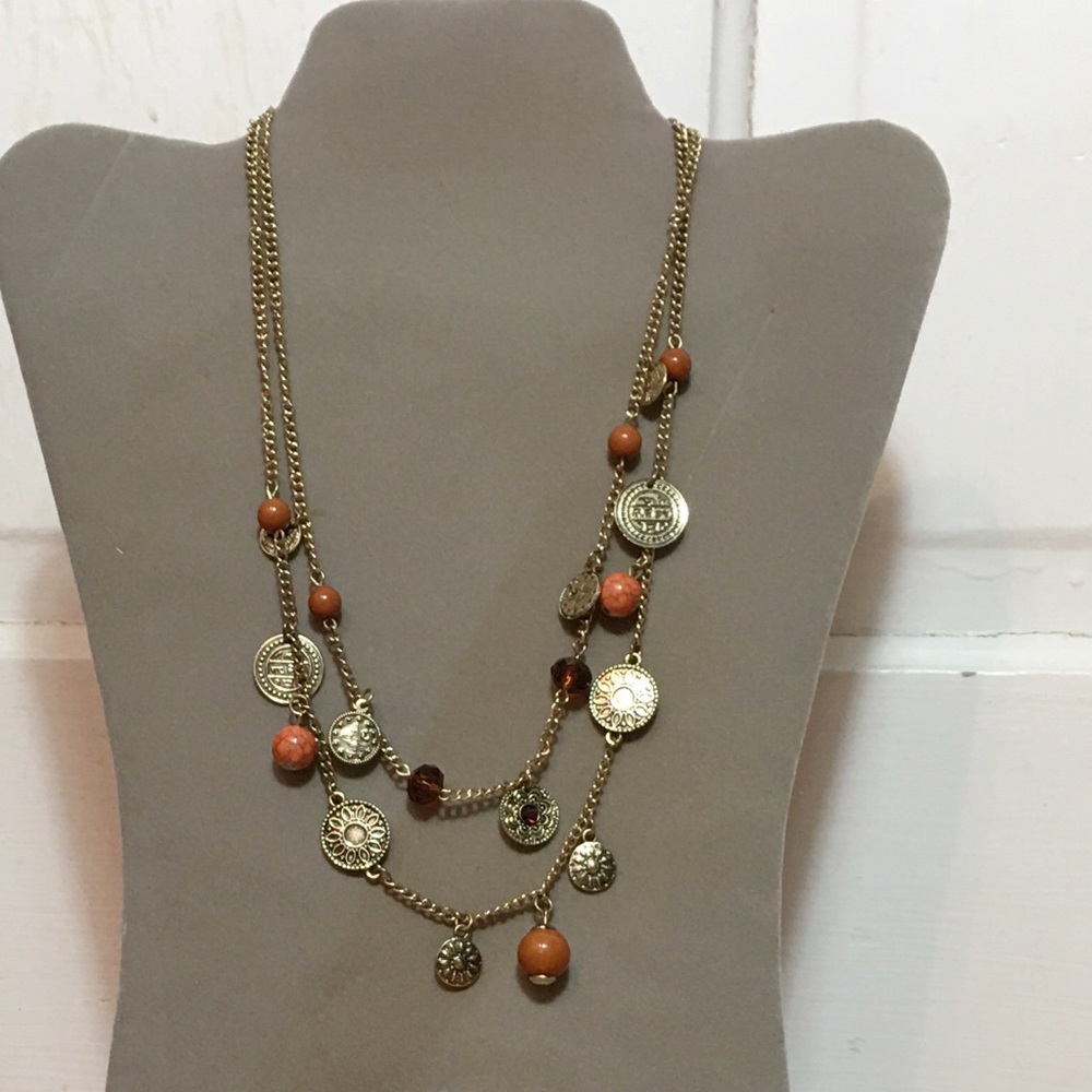 Vintage Coral Color Medallion 2 Tier Necklace
